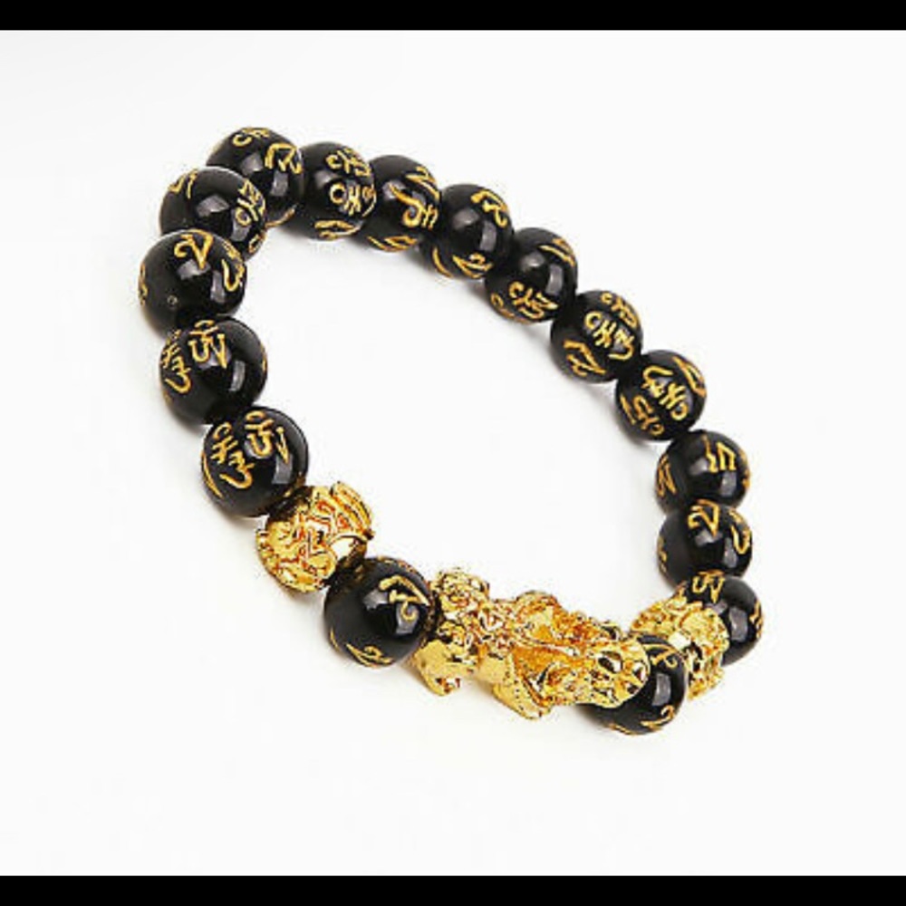 Feng Shui Green Onyx Black Obsidian Beads Wealth Golden Pixiu Lucky Braceletl - Picture 6 of 6